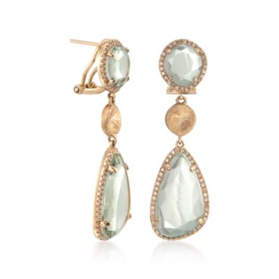 13.00 ct. t.w. Green Amethyst and .73 ct. t.w. Diamond Drop Earrings in 14kt Yellow Gold &mdash; Alt Image 3