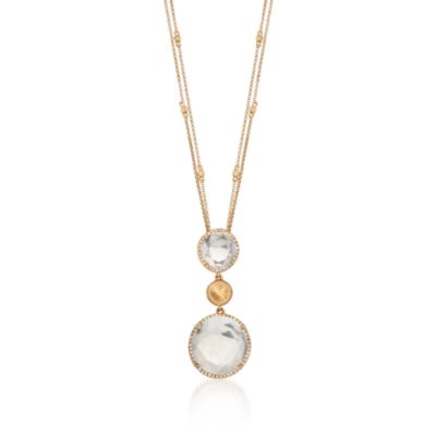 13.00 ct. t.w. White Topaz and .66 ct. t.w. Diamond Double-Drop Necklace in 14kt Yellow Gold. 18" &mdash; Alt Image 1