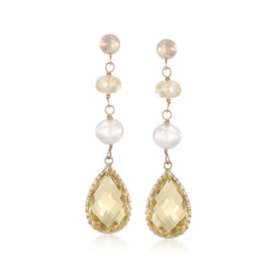 12.00 ct. t.w. Lemon Quartz and 6-6.5mm Pearl Drop Earrings in 14kt Yellow Gold &mdash; Alt Image 1