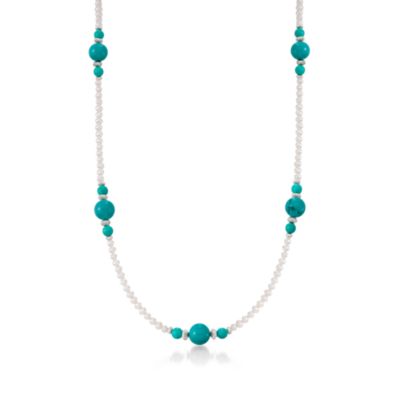 Pearl and Turquoise Station Necklace in Sterling Silver. 30" &mdash; Alt Image 1