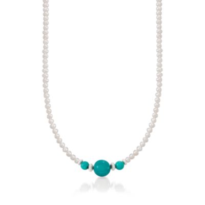 Pearl and Turquoise Necklace in Sterling Silver. 18" &mdash; Alt Image 1