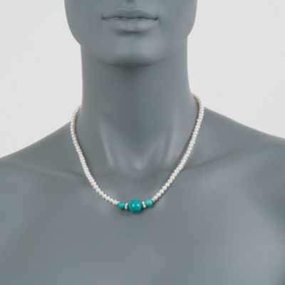 Pearl and Turquoise Necklace in Sterling Silver. 18" &mdash; Alt Image 2