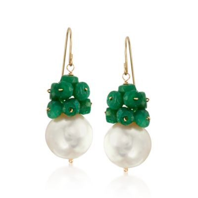 7.50 ct. t.w. Emerald and Pearl Drop Earrings in 14kt Yellow Gold &mdash; Alt Image 1