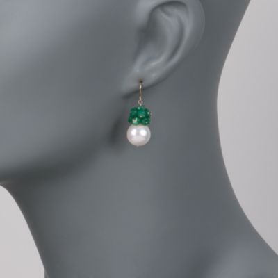 7.50 ct. t.w. Emerald and Pearl Drop Earrings in 14kt Yellow Gold &mdash; Alt Image 2