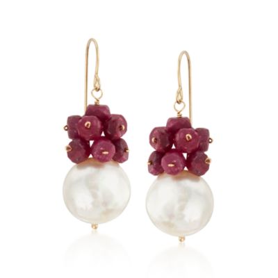 7.50 ct. t.w. Ruby and Pearl Drop Earrings in 14kt Yellow Gold &mdash; Alt Image 1