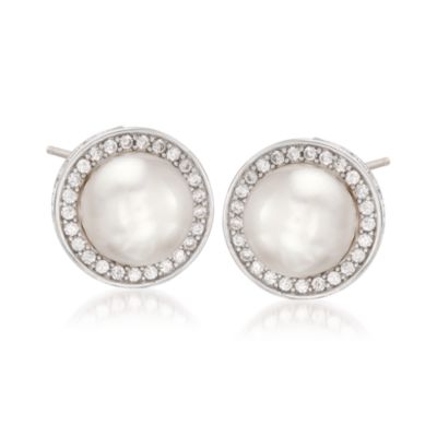 12mm Pearl and 2.15 ct. t.w. CZ Earrings in Sterling Silver &mdash; Alt Image 1
