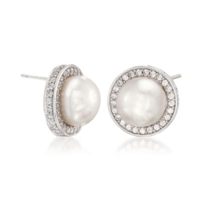 12mm Pearl and 2.15 ct. t.w. CZ Earrings in Sterling Silver &mdash; Alt Image 3