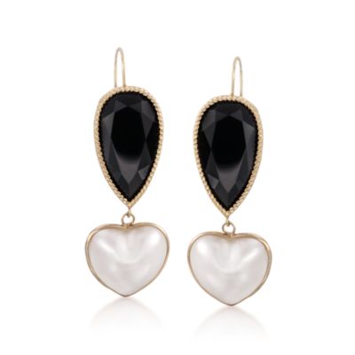 Black Onyx and Mabe Pearl Heart Earrings in 14kt Yellow Gold &mdash; Alt Image 1