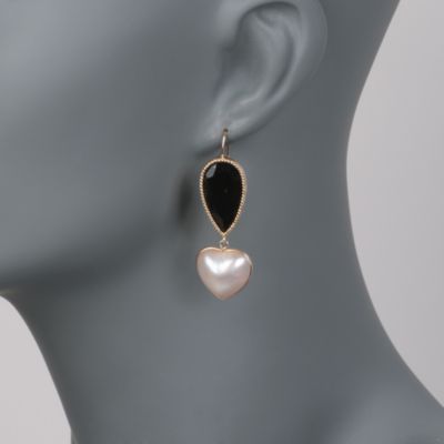 Black Onyx and Mabe Pearl Heart Earrings in 14kt Yellow Gold &mdash; Alt Image 2