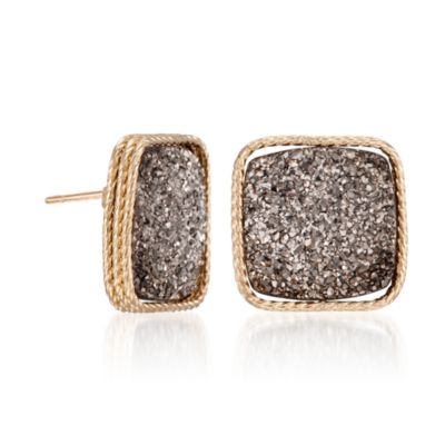 Italian 14kt Yellow Gold Gray Drusy Square Earrings &mdash; Alt Image 3