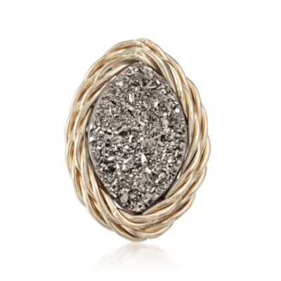 Italian Silver Drusy Marquise-Shaped Ring in 14kt Yellow Gold &mdash; Alt Image 1