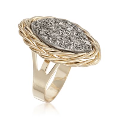 Italian Silver Drusy Marquise-Shaped Ring in 14kt Yellow Gold &mdash; Alt Image 3
