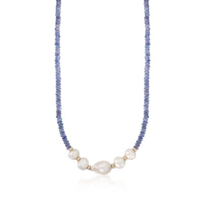 Tanzanite Bead and Baroque Pearl Necklace in 14kt Yellow Gold. 18" &mdash; Alt Image 1