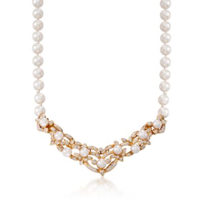 C. 1980 Vintage 6-7.5mm Pearl and .95 ct. t.w. Diamond Necklace in 18kt Yellow Gold. 18" &mdash; Alt Image 1