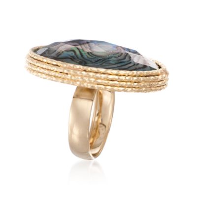 Italian Oval Abalone and Rock Crystal Doublet Ring in 14kt Yellow Gold. Size 6 &mdash; Alt Image 3