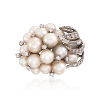 C.1950 Vintage Cultured Pearl and 1.55 ct. t.w. Diamond Cluster Ring in 14kt White Gold. Size 7.5 &mdash; Alt Image 1