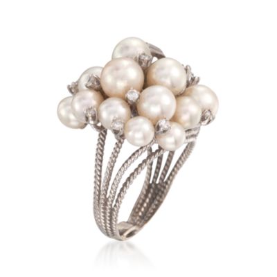 C.1950 Vintage Cultured Pearl and 1.55 ct. t.w. Diamond Cluster Ring in 14kt White Gold. Size 7.5 &mdash; Alt Image 3