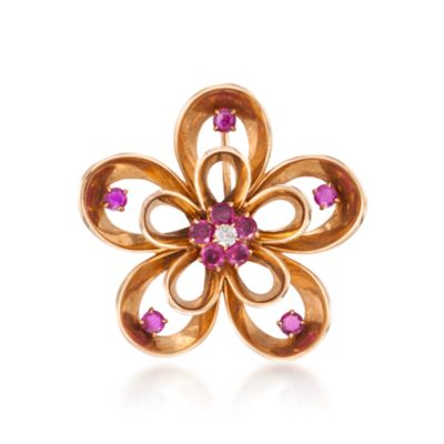 C. 1960 Vintage 2.50 ct. t.w. Ruby and Diamond Flower Pin Pendant in 14kt Yellow Gold &mdash; Alt Image 1