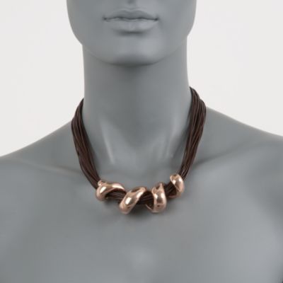 Multi-Cord Brown Leather Necklace With Spiral Centerpiece in 24kt Rose Gold Over Sterling. 18" &mdash; Alt Image 2