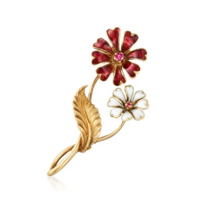 C. 1960 Vintage Unoaerre .20 ct. t.w. Ruby Floral Pin With Enamel in 18kt Yellow Gold &mdash; Alt Image 1