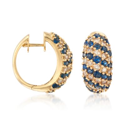 C. 1990 Vintage 4.00 ct. t.w. Sapphire and 1.50 ct. t.w. Diamond Hoop Earrings in 14kt Yellow Gold &mdash; Alt Image 1