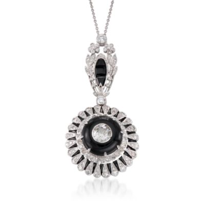 C. 1990 Vintage Black Onyx and 3.90 ct. t.w. Diamond Necklace in 14kt White Gold. 16" &mdash; Alt Image 1