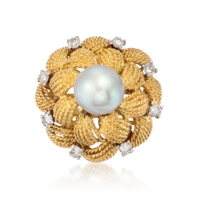 C. 1960 Vintage 9.5mm Cultured Pearl and .60 ct. t.w. Diamond Ring in 18kt Yellow Gold. Size 6.5 &mdash; Alt Image 1