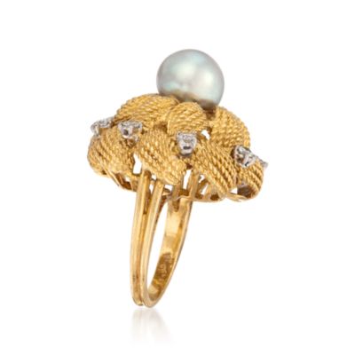 C. 1960 Vintage 9.5mm Cultured Pearl and .60 ct. t.w. Diamond Ring in 18kt Yellow Gold. Size 6.5 &mdash; Alt Image 3