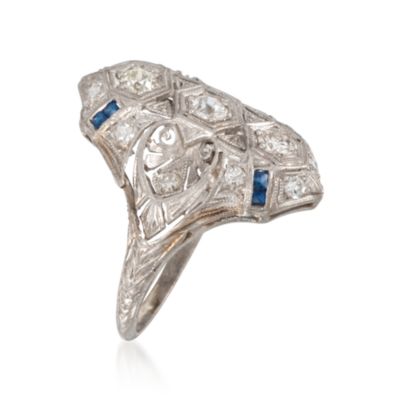C. 1920 Vintage .45 ct. t.w. Diamond Dinner Ring With Faux Sapphire in Platinum. Size 4.5 &mdash; Alt Image 3