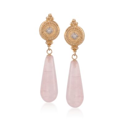 Rose Quartz Drop Earrings With Diamonds in 14kt Yellow Gold &mdash; Alt Image 1