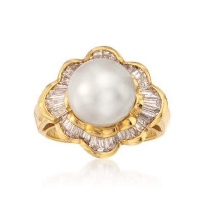 C. 1980 Vintage 10mm Cultured Pearl and 1.30 ct. t.w. Diamond Ring in 18kt Yellow Gold. Size 5.5 &mdash; Alt Image 1