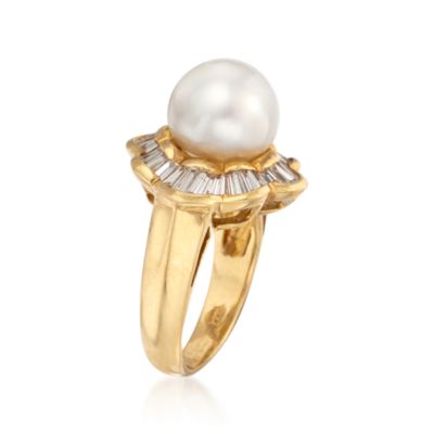 C. 1980 Vintage 10mm Cultured Pearl and 1.30 ct. t.w. Diamond Ring in 18kt Yellow Gold. Size 5.5 &mdash; Alt Image 3
