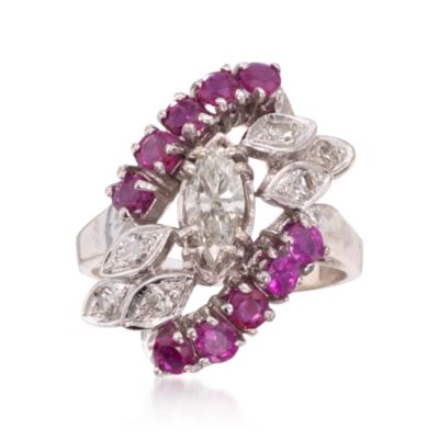 C. 1970 Vintage .80 ct. t.w. Ruby and .60 ct. t.w. Diamond Ring In 14kt White Gold. Size 5 &mdash; Alt Image 1
