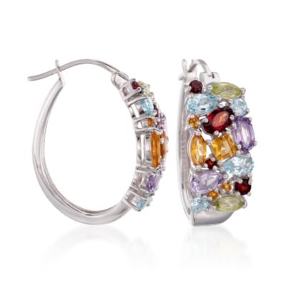 4.35 ct. t.w. Multi-Gemstone Hoop Earrings in Sterling Silver. Hoop Earrings &mdash; Alt Image 1