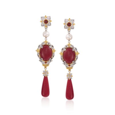 Red Jade and .70 ct. t.w. Multi-Gemstone  Drop Earrings With Pearls In Sterling Silver &mdash; Alt Image 1
