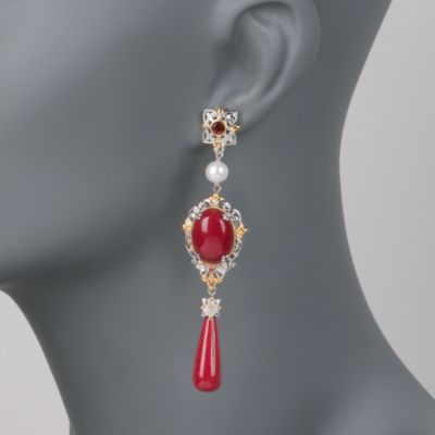 Red Jade and .70 ct. t.w. Multi-Gemstone  Drop Earrings With Pearls In Sterling Silver &mdash; Alt Image 2