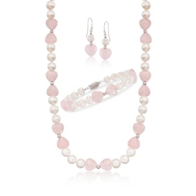 3-pc. 7-7.5mm Pearl and Pink Quartz Jewelry Set in Sterling Silver &mdash; Alt Image 1