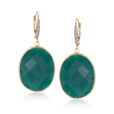 Oval Green Agate Drop Earrings With Diamonds in 14kt Yellow Gold &mdash; Alt Image 1