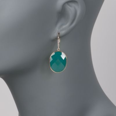 Oval Green Agate Drop Earrings With Diamonds in 14kt Yellow Gold &mdash; Alt Image 2