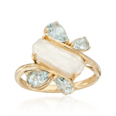 Pearl and 1.00 ct. t.w. Aquamarine Bypass Ring in 14kt Yellow Gold &mdash; Alt Image 1