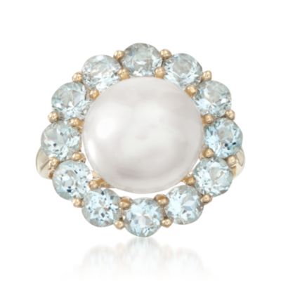 12-12.5mm  Pearl and 2.60 ct. t.w. Aquamarine Flower Ring in 14kt Yellow Gold &mdash; Alt Image 1