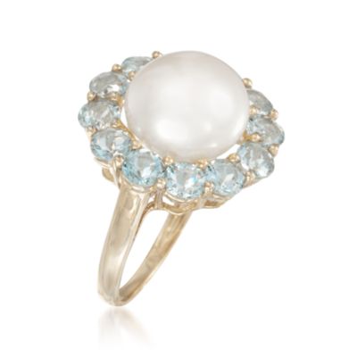 12-12.5mm  Pearl and 2.60 ct. t.w. Aquamarine Flower Ring in 14kt Yellow Gold &mdash; Alt Image 3