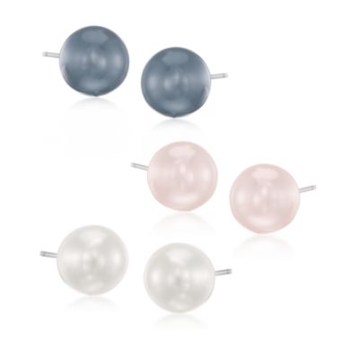 Set of Three Multicolored Faux Pearl Stud Earrings in Stainless &mdash; Alt Image 1