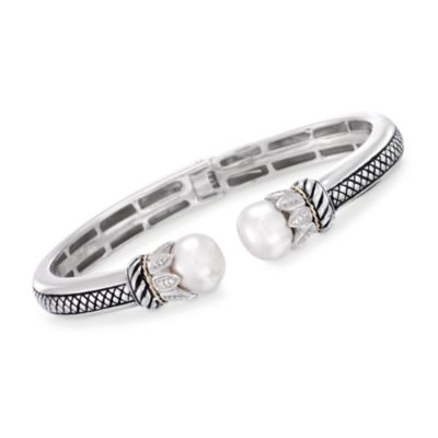 Andrea Candela Pearl and Diamond Cuff Bangle Bracelet in Two-Tone. 7" &mdash; Alt Image 1