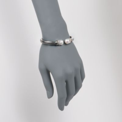Andrea Candela Pearl and Diamond Cuff Bangle Bracelet in Two-Tone. 7" &mdash; Alt Image 2
