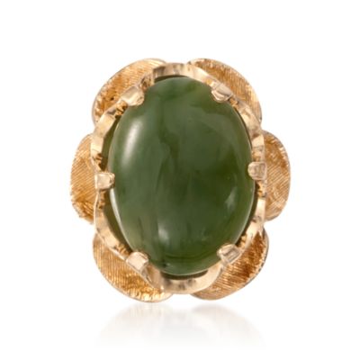 C. 1960 Vintage Cabochon Nephrite Ring In 14kt Yellow Gold. Size 5.5 &mdash; Alt Image 1