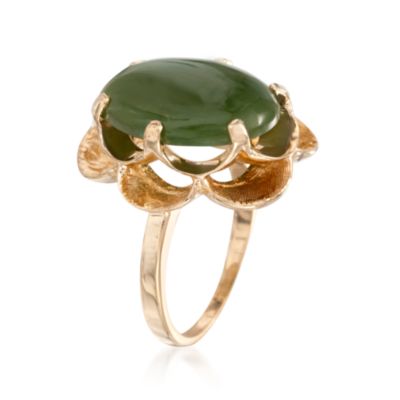 C. 1960 Vintage Cabochon Nephrite Ring In 14kt Yellow Gold. Size 5.5 &mdash; Alt Image 3
