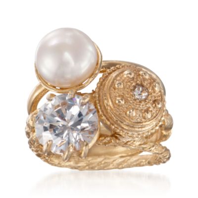 Pearl and 6.00 ct. t.w. CZ Stacked-Look Ring in 24kt Over Sterling &mdash; Alt Image 1