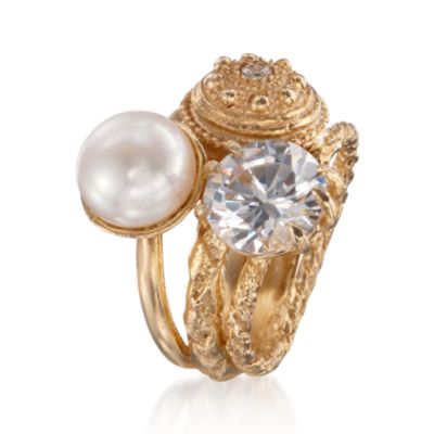 Pearl and 6.00 ct. t.w. CZ Stacked-Look Ring in 24kt Over Sterling &mdash; Alt Image 3