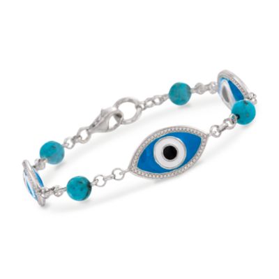 Turquoise and .10 ct. t.w. Diamond Evil Eye Bracelet in Sterling Silver. 7" &mdash; Alt Image 1